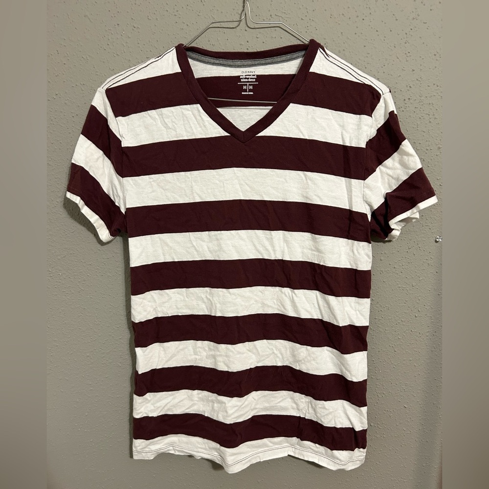 Old Navy Maroon and White Striped V-Neck Tee